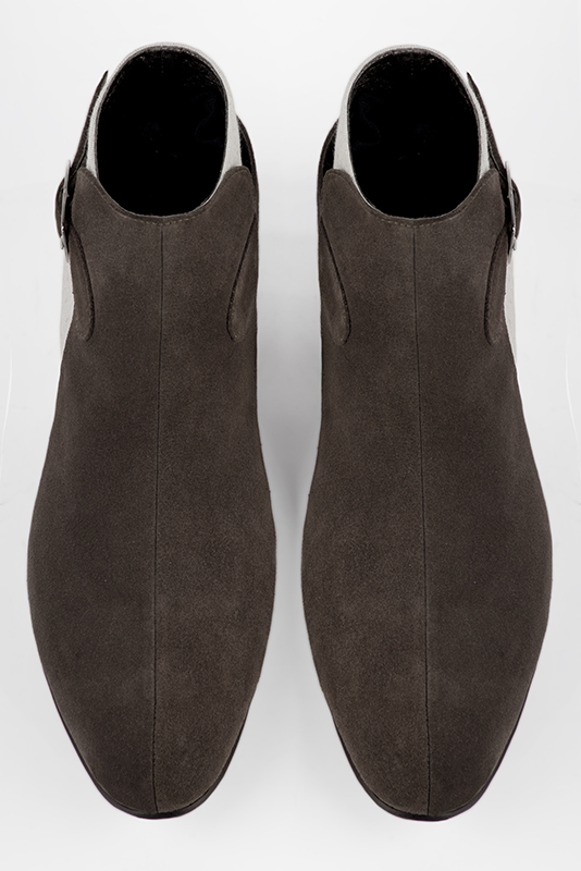 Chocolate brown and natural beige dress ankle boots for men. Round toe. Flat leather soles. Top view - Florence KOOIJMAN